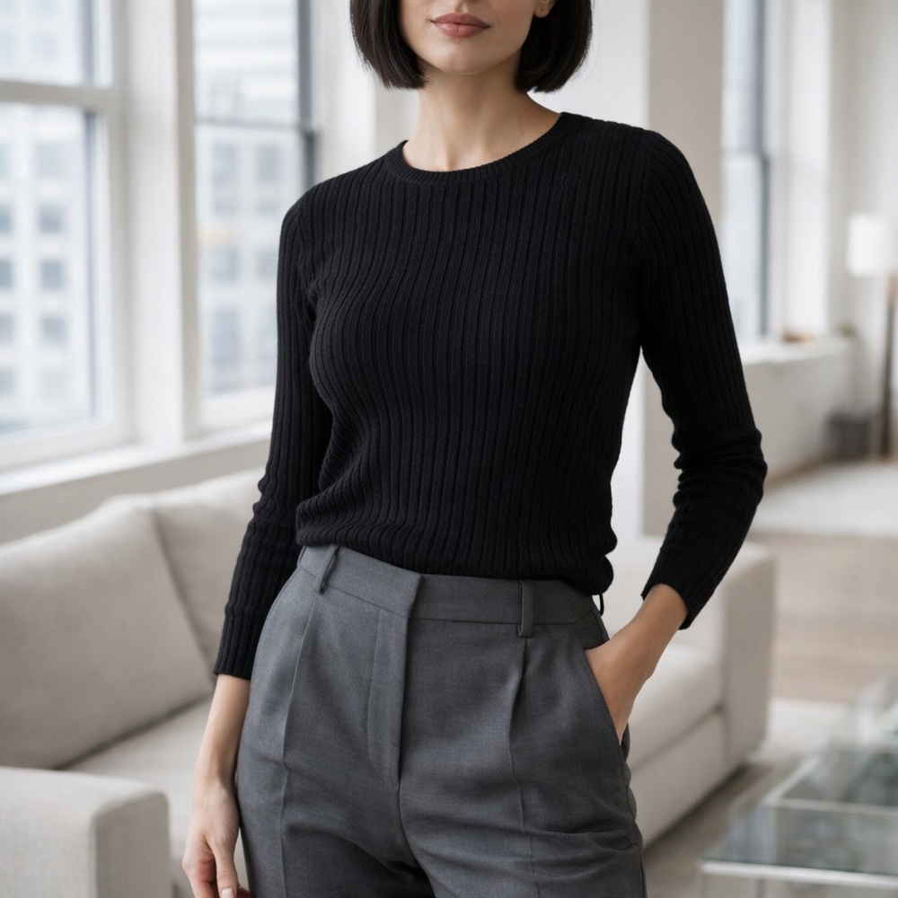 Lauren Ralph Lauren Black Ribbed Cotton Sweater Womens Small Crewneck